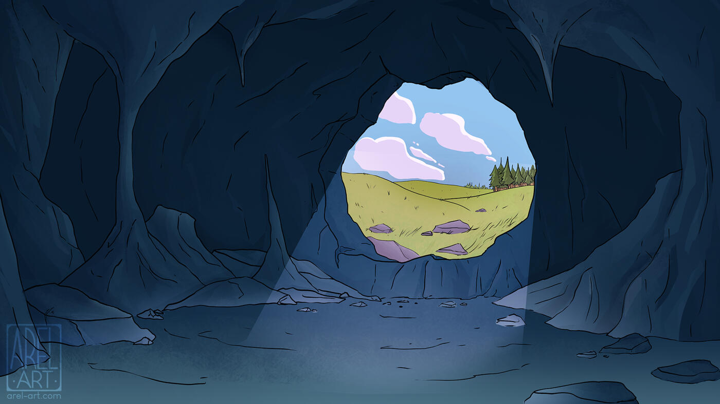 A digital painting of a cave background for an animation. There is a large circular opening in the cave wall revealing a sunny green meadow.