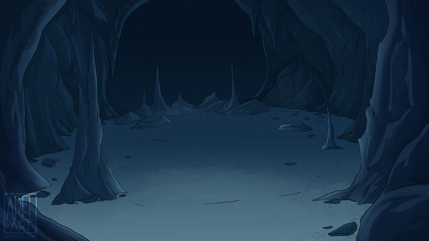 A digital painting of a cave background for animation. There are stalactites and stalagmites in the foreground and background.