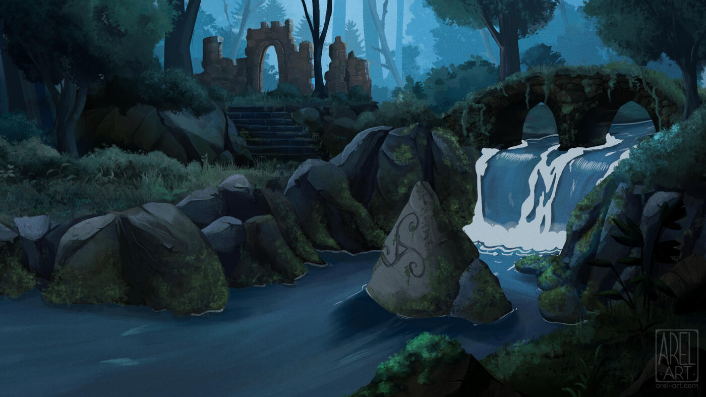 Waterfall Background for animation, digital painting, 2025