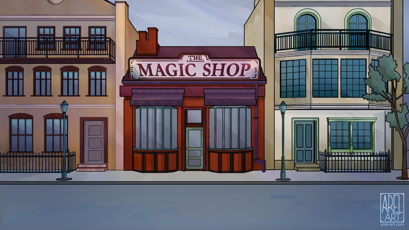 Magic shop exterior for animation, digital painting, 2025