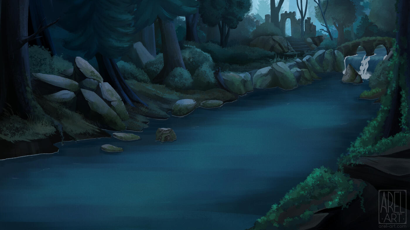 River wide shot for animation, digital painting, 2025